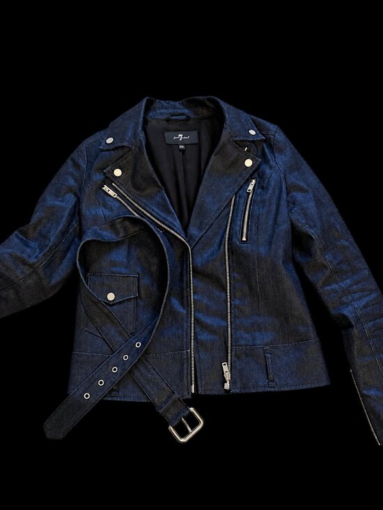 7 For All Mankind Jackets & Blazers - 7 For All Mankind Dark Rinse Denim Moto Jacket Belted Asymmetric Zip XS
